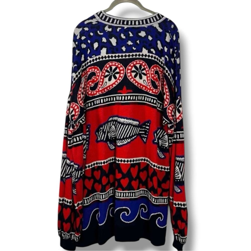Farm Rio Art to Wear Fair Isle Knit Cardigan Sweater Hearts Fish Waves Small - Picture 5 of 14